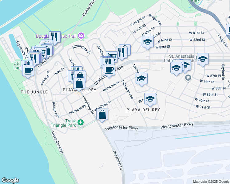 map of restaurants, bars, coffee shops, grocery stores, and more near 8148 Redlands Street in Los Angeles