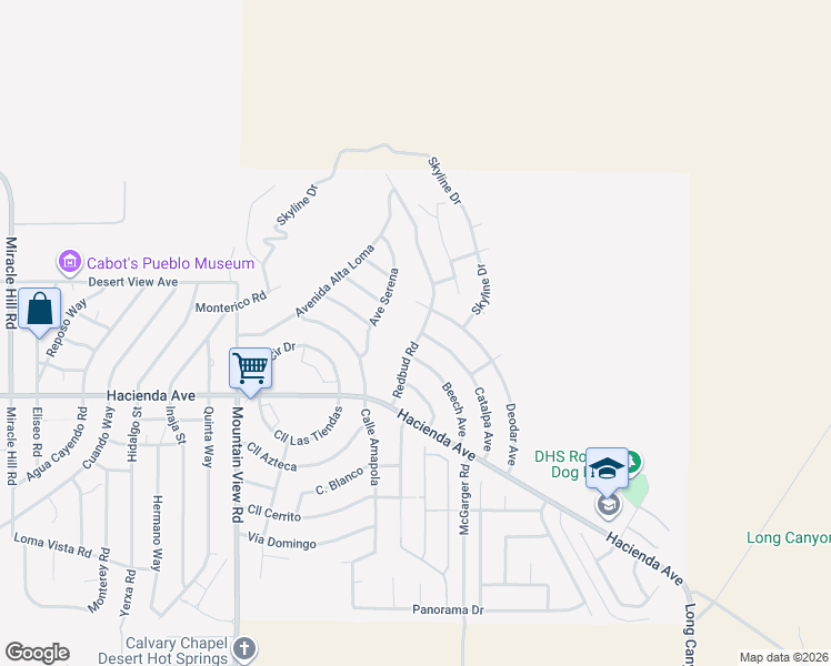 map of restaurants, bars, coffee shops, grocery stores, and more near 12675 Redbud Road in Desert Hot Springs