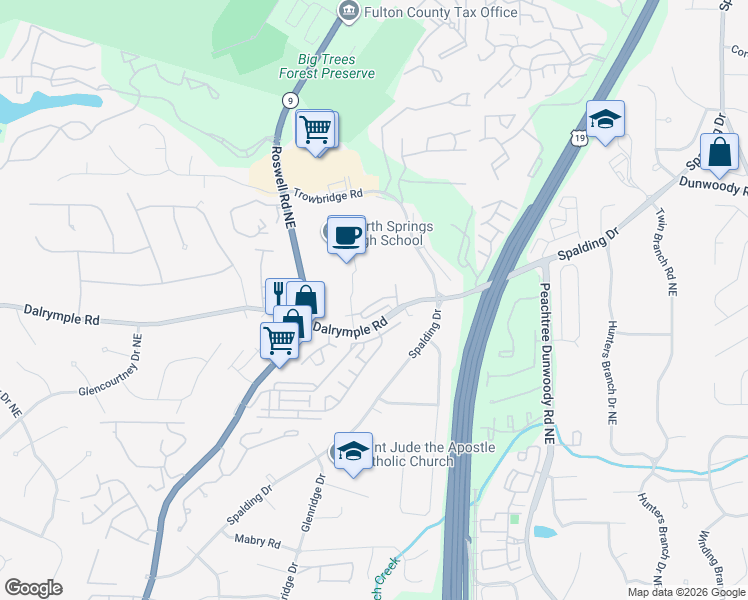map of restaurants, bars, coffee shops, grocery stores, and more near 750 Dalrymple Road Northeast in Sandy Springs