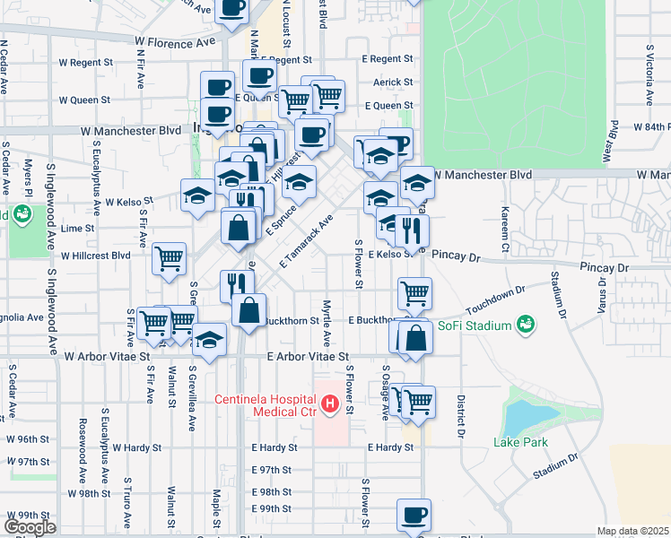 map of restaurants, bars, coffee shops, grocery stores, and more near 614 Myrtle Avenue in Inglewood