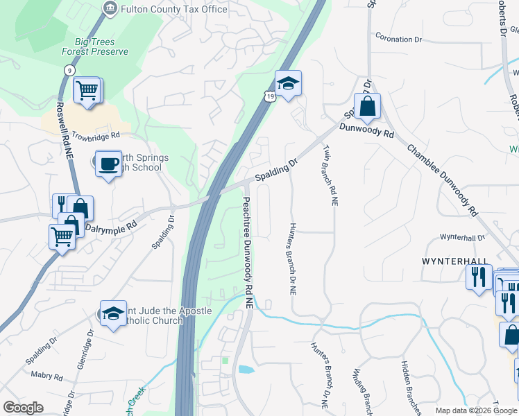 map of restaurants, bars, coffee shops, grocery stores, and more near 285 Wembley Circle in Atlanta