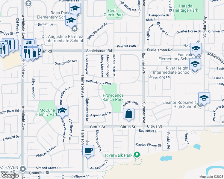 map of restaurants, bars, coffee shops, grocery stores, and more near 13616 Hollowbrook Way in Corona