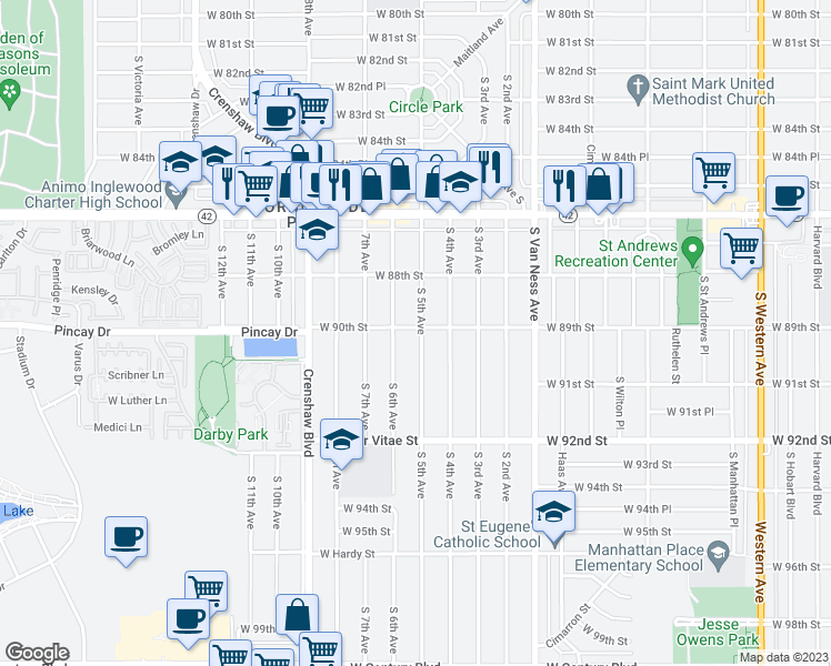 map of restaurants, bars, coffee shops, grocery stores, and more near 9001 South 5th Avenue in Inglewood