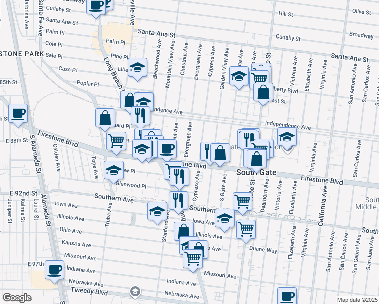 map of restaurants, bars, coffee shops, grocery stores, and more near 8680 Evergreen Avenue in South Gate