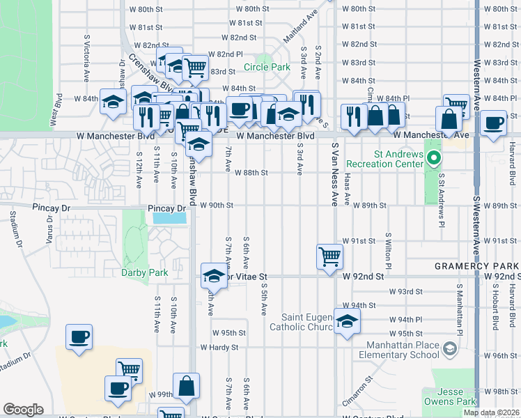 map of restaurants, bars, coffee shops, grocery stores, and more near 9001 South 5th Avenue in Inglewood