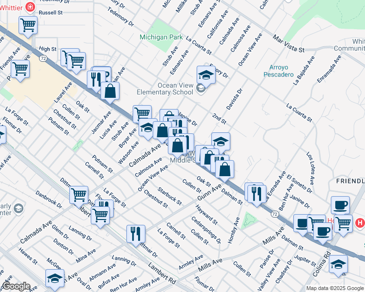 map of restaurants, bars, coffee shops, grocery stores, and more near 14244 Whittier Boulevard in Whittier