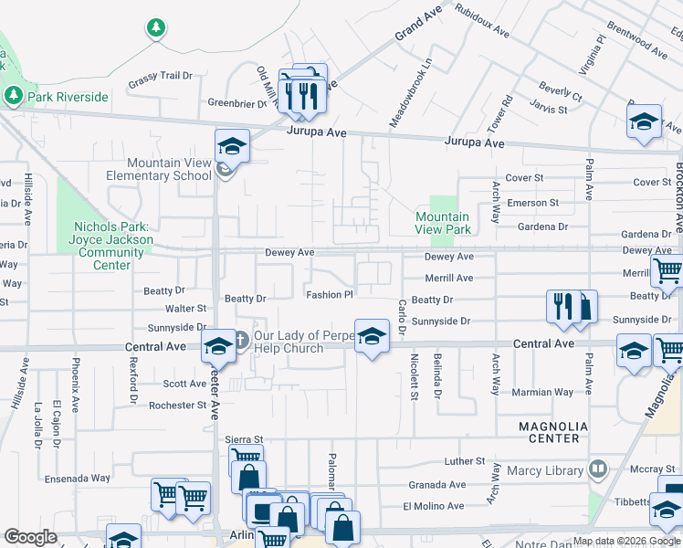 map of restaurants, bars, coffee shops, grocery stores, and more near 5033 Brooklawn Place in Riverside