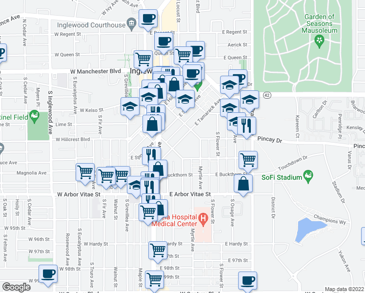 map of restaurants, bars, coffee shops, grocery stores, and more near 212 East Tamarack Avenue in Inglewood