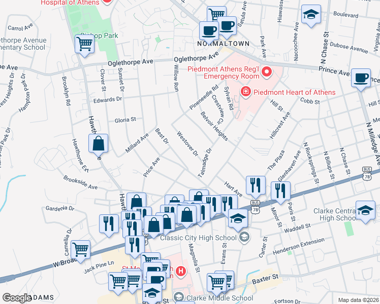 map of restaurants, bars, coffee shops, grocery stores, and more near 120 Best Drive in Athens
