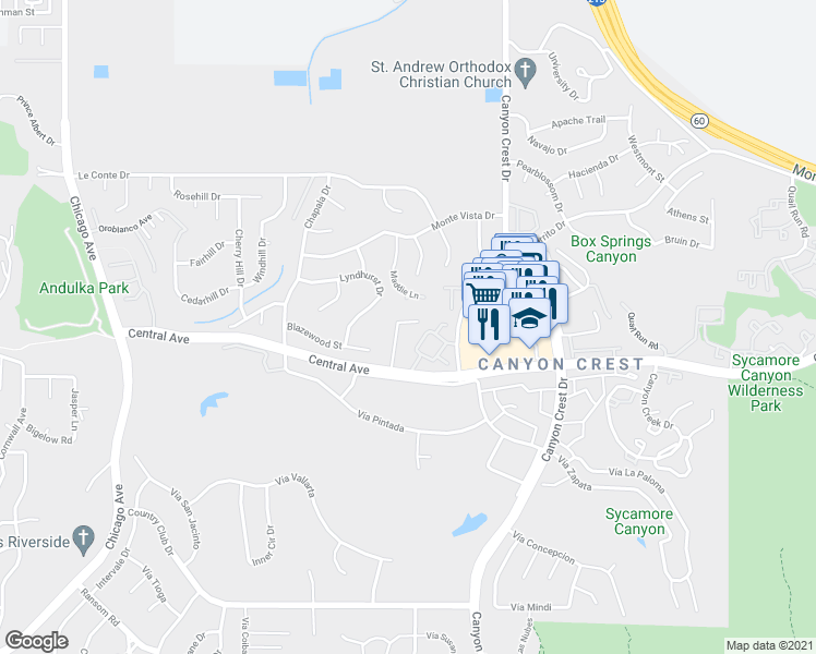 map of restaurants, bars, coffee shops, grocery stores, and more near 5242 Wainwright Court in Riverside