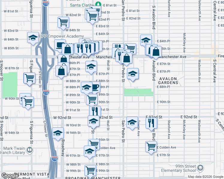 map of restaurants, bars, coffee shops, grocery stores, and more near 214 East 88th Place in Los Angeles