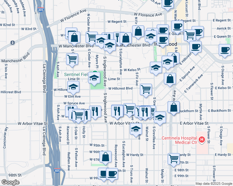 map of restaurants, bars, coffee shops, grocery stores, and more near 313 West Elm Avenue in Inglewood