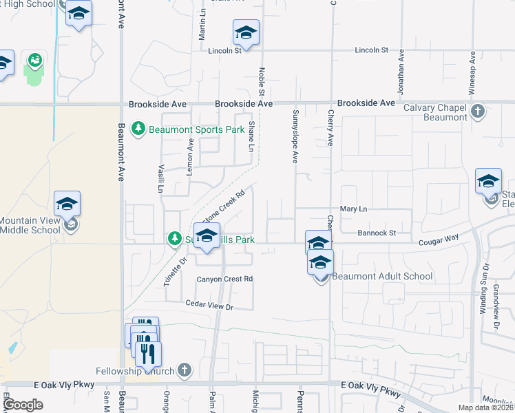 map of restaurants, bars, coffee shops, grocery stores, and more near 1627 Quail Summit Drive in Beaumont