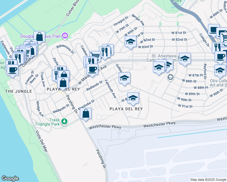 map of restaurants, bars, coffee shops, grocery stores, and more near 8110 Manitoba Street in Los Angeles