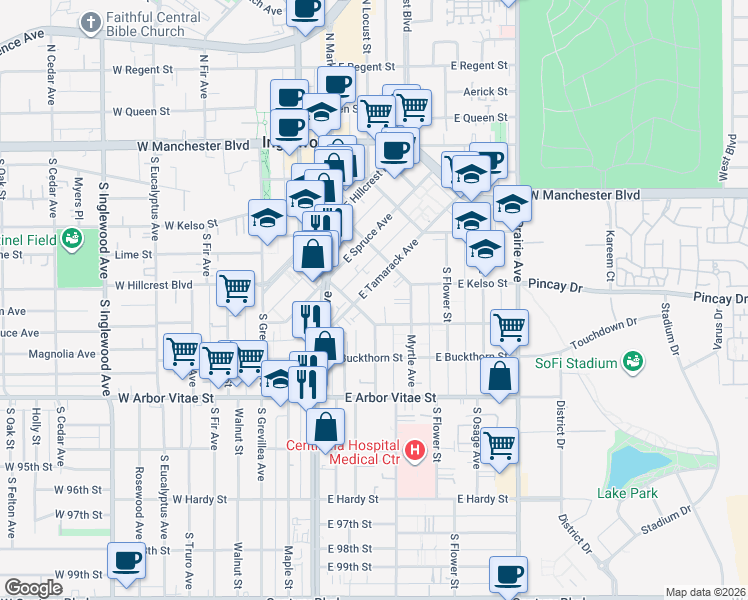 map of restaurants, bars, coffee shops, grocery stores, and more near 212 East Tamarack Avenue in Inglewood