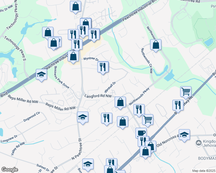 map of restaurants, bars, coffee shops, grocery stores, and more near 5574 Wynhall Drive in Norcross