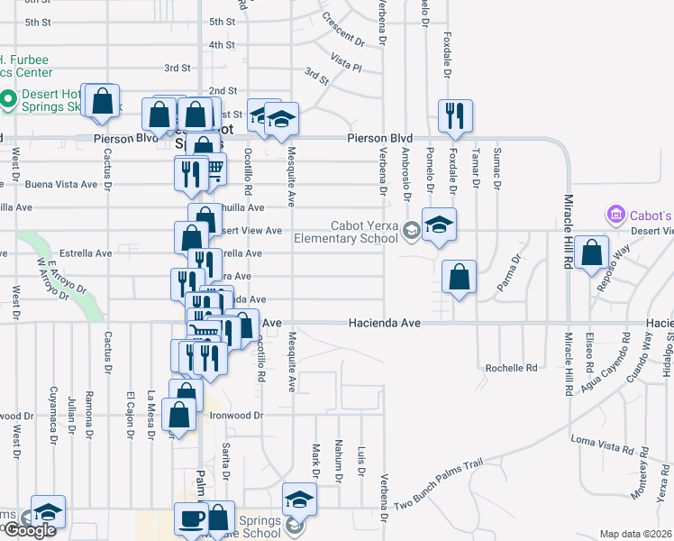 map of restaurants, bars, coffee shops, grocery stores, and more near 66876 Flora Avenue in Desert Hot Springs
