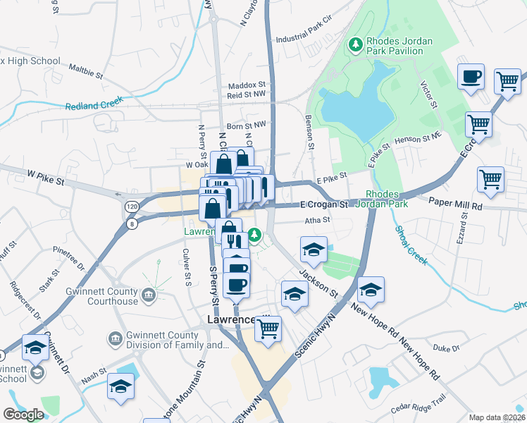 map of restaurants, bars, coffee shops, grocery stores, and more near 122 East Crogan Street in Lawrenceville