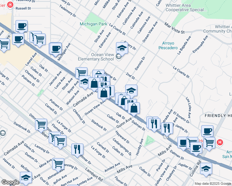 map of restaurants, bars, coffee shops, grocery stores, and more near 14316 Christine Drive in Whittier
