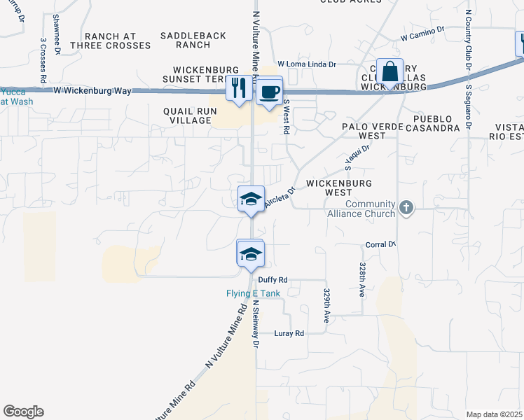 map of restaurants, bars, coffee shops, grocery stores, and more near 955 South Vulture Mine Road in Wickenburg