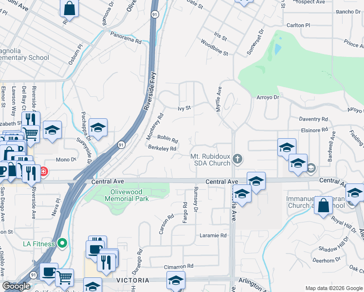 map of restaurants, bars, coffee shops, grocery stores, and more near 2850 Rumsey Drive in Riverside