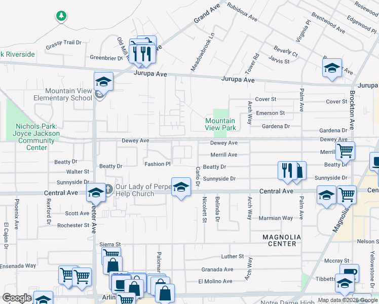 map of restaurants, bars, coffee shops, grocery stores, and more near 6384 Lionel Court in Riverside