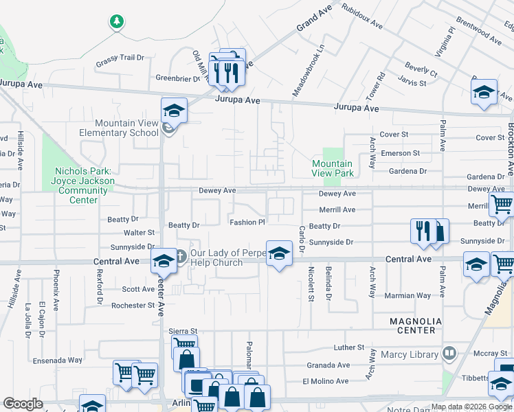 map of restaurants, bars, coffee shops, grocery stores, and more near 5017 Fashion Place in Riverside