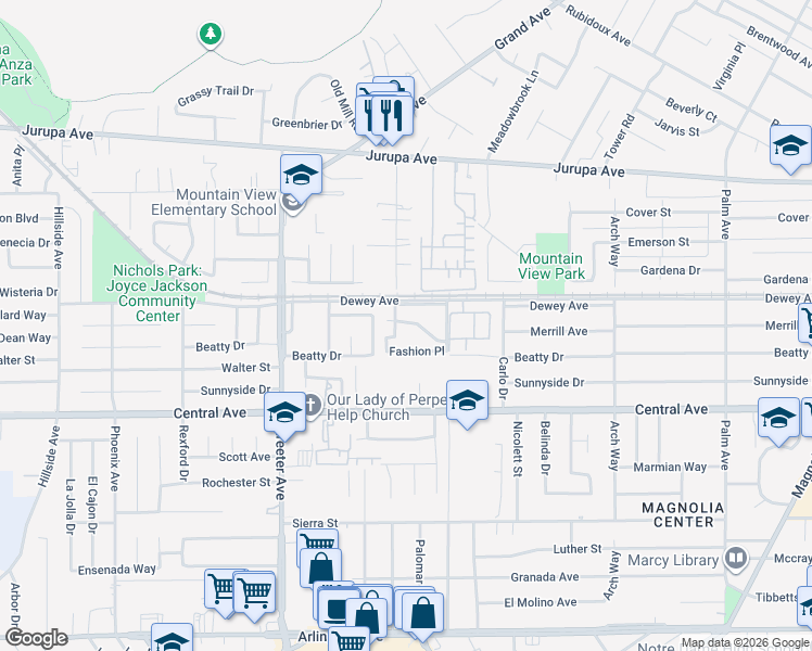 map of restaurants, bars, coffee shops, grocery stores, and more near 5091 Fashion Place in Riverside