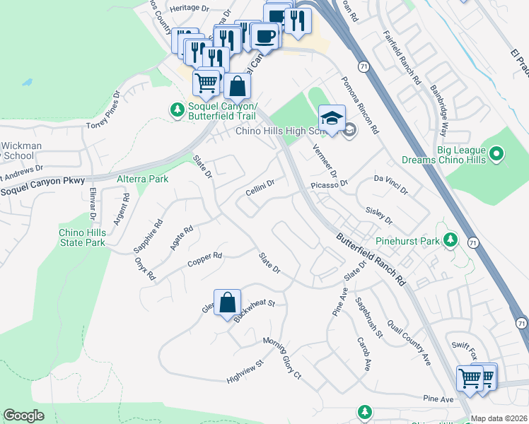 map of restaurants, bars, coffee shops, grocery stores, and more near 5176 Fox Hall Road in Chino Hills