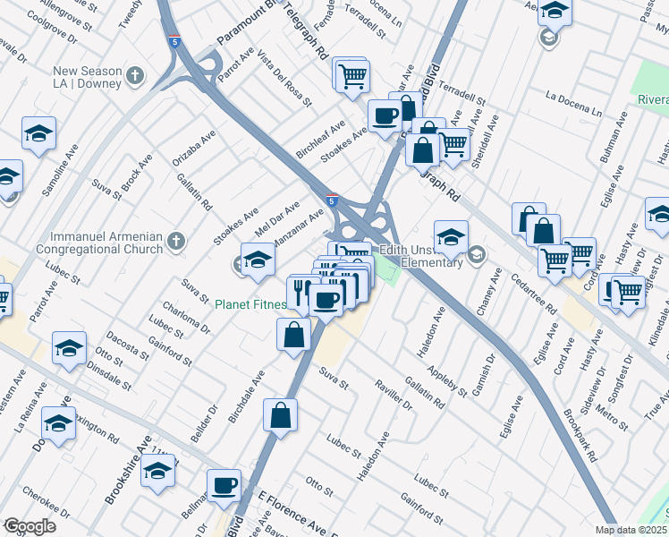 map of restaurants, bars, coffee shops, grocery stores, and more near 9208 Lakewood Boulevard in Downey