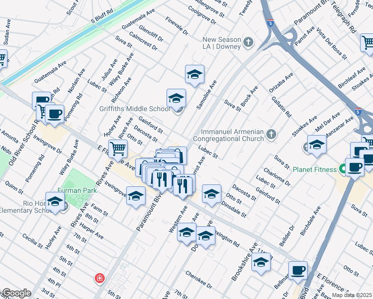 map of restaurants, bars, coffee shops, grocery stores, and more near 9840 Paramount Boulevard in Downey