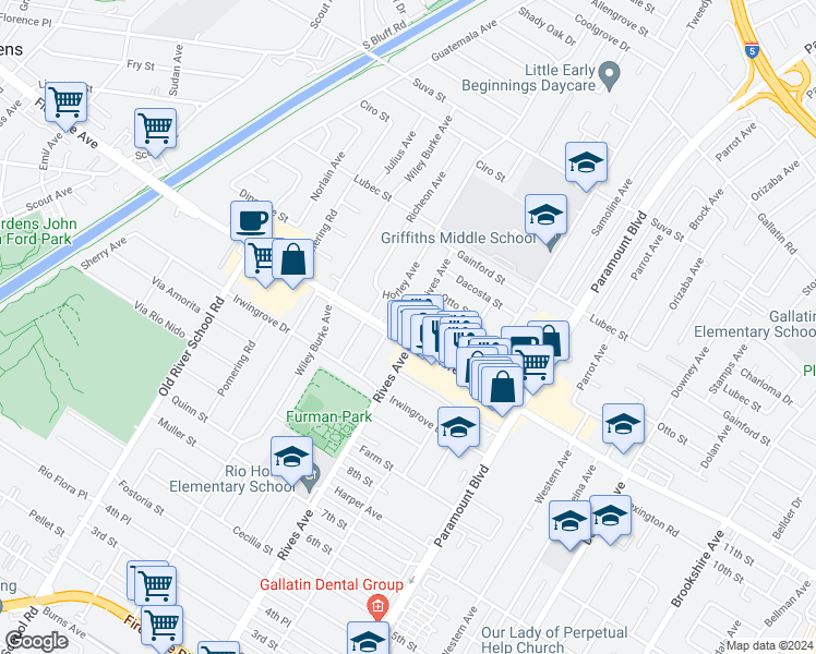 map of restaurants, bars, coffee shops, grocery stores, and more near 7800 Florence Avenue in Downey