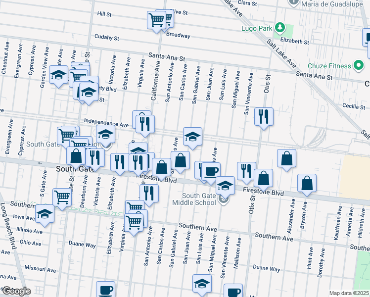 map of restaurants, bars, coffee shops, grocery stores, and more near 8656 San Carlos Avenue in South Gate