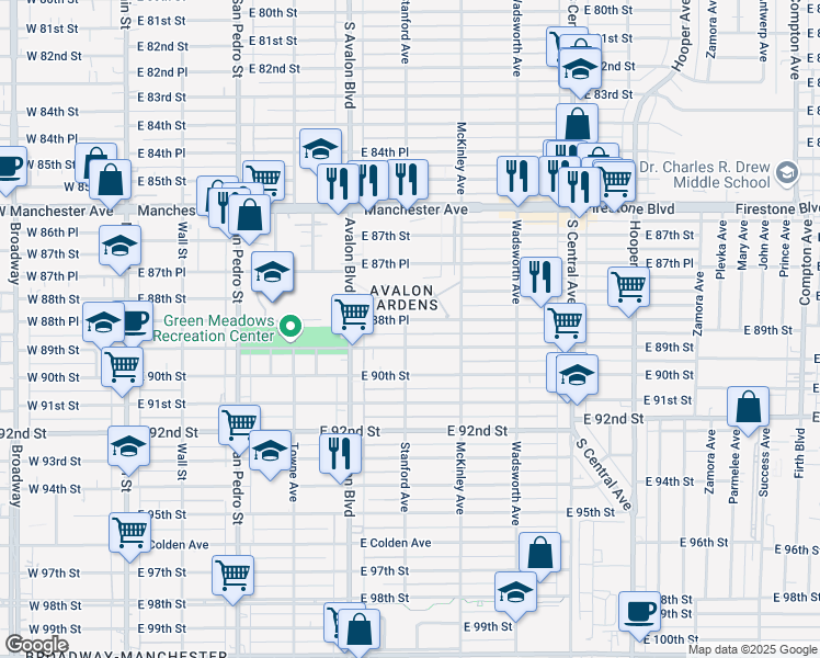 map of restaurants, bars, coffee shops, grocery stores, and more near 658 East 89th Street in Los Angeles