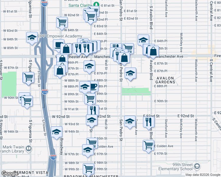 map of restaurants, bars, coffee shops, grocery stores, and more near 232 East 89th Street in Los Angeles