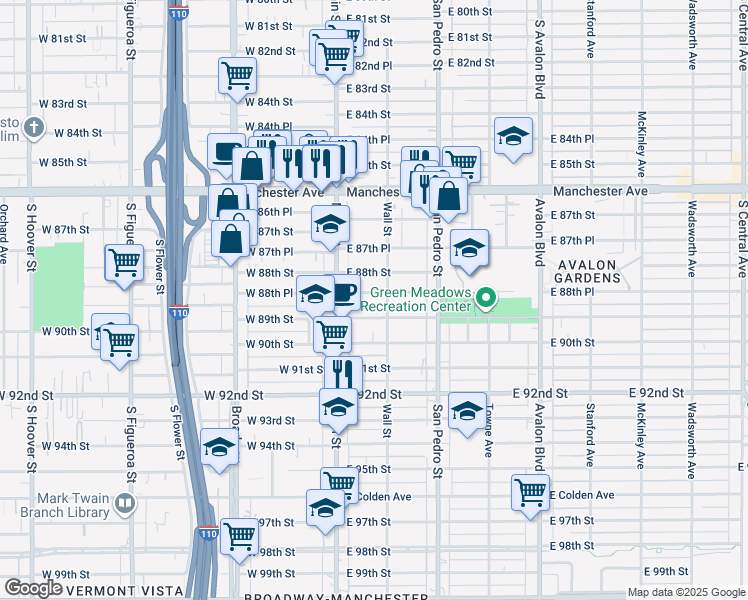 map of restaurants, bars, coffee shops, grocery stores, and more near 156 East 89th Street in Los Angeles