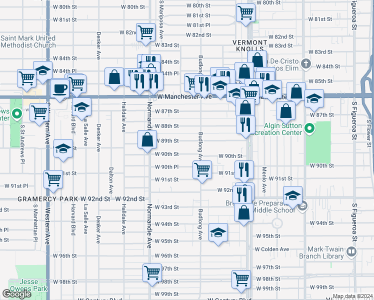 map of restaurants, bars, coffee shops, grocery stores, and more near 1234 West 90th Street in Los Angeles