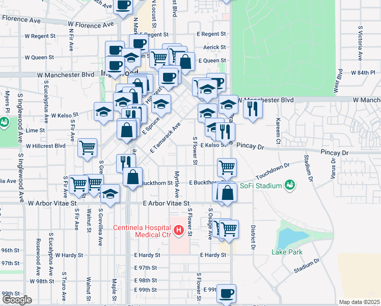 map of restaurants, bars, coffee shops, grocery stores, and more near 631 South Flower Street in Inglewood