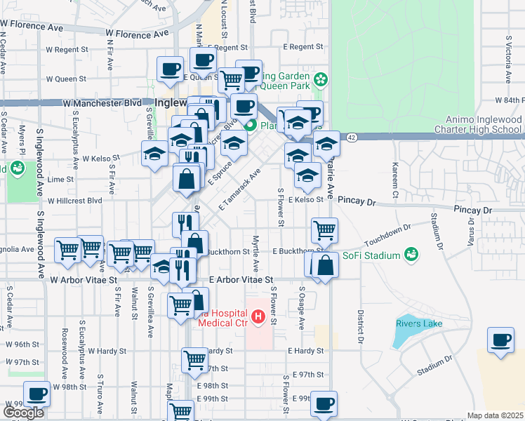 map of restaurants, bars, coffee shops, grocery stores, and more near 624 Myrtle Avenue in Inglewood