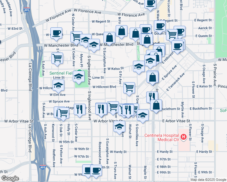 map of restaurants, bars, coffee shops, grocery stores, and more near 221 West Spruce Avenue in Inglewood