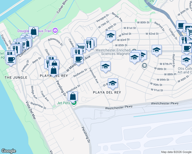 map of restaurants, bars, coffee shops, grocery stores, and more near 8110 Manitoba Street in Los Angeles