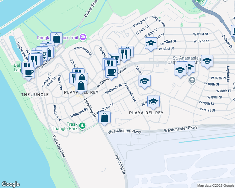 map of restaurants, bars, coffee shops, grocery stores, and more near 8150 Manitoba Street in Los Angeles