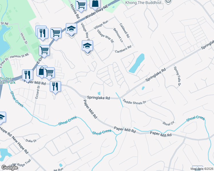 map of restaurants, bars, coffee shops, grocery stores, and more near 343 Clearsprings Drive in Lawrenceville