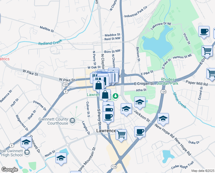 map of restaurants, bars, coffee shops, grocery stores, and more near 180 East Crogan Street in Lawrenceville