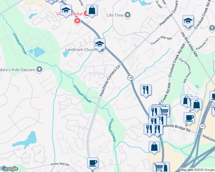 map of restaurants, bars, coffee shops, grocery stores, and more near 6451 Appletree Way in Norcross