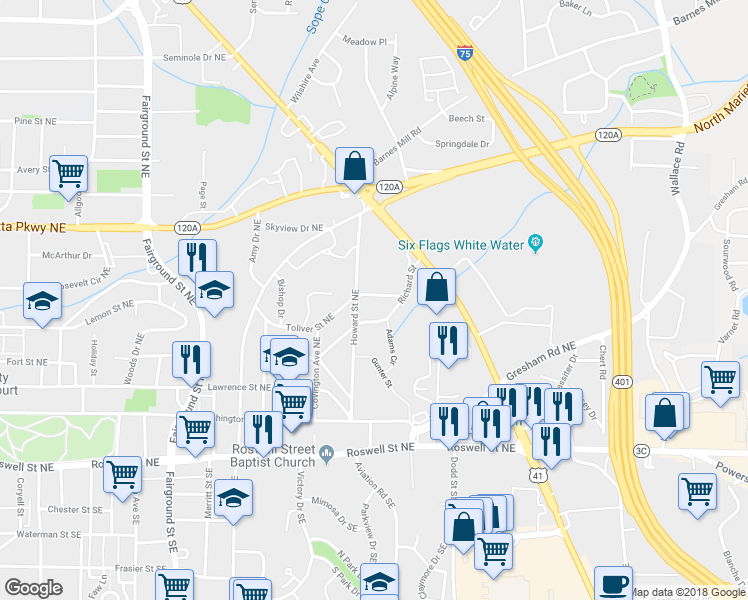 map of restaurants, bars, coffee shops, grocery stores, and more near 876 Richard Street in Marietta