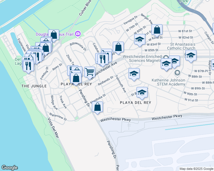 map of restaurants, bars, coffee shops, grocery stores, and more near 8160 Redlands Street in Los Angeles
