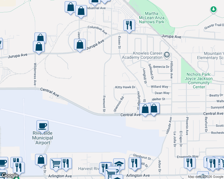 map of restaurants, bars, coffee shops, grocery stores, and more near 6455 Vickers Drive in Riverside