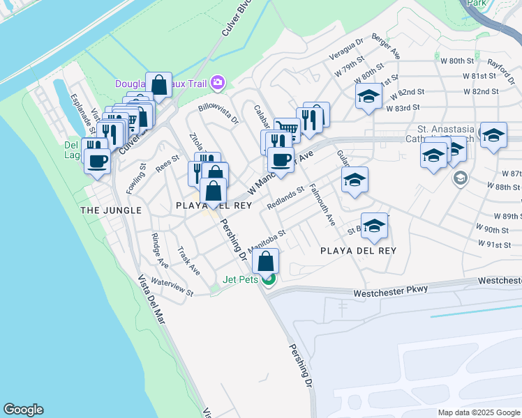 map of restaurants, bars, coffee shops, grocery stores, and more near 8717 Delgany Avenue in Los Angeles