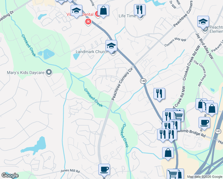 map of restaurants, bars, coffee shops, grocery stores, and more near 3660 Westchase Village Lane in Norcross